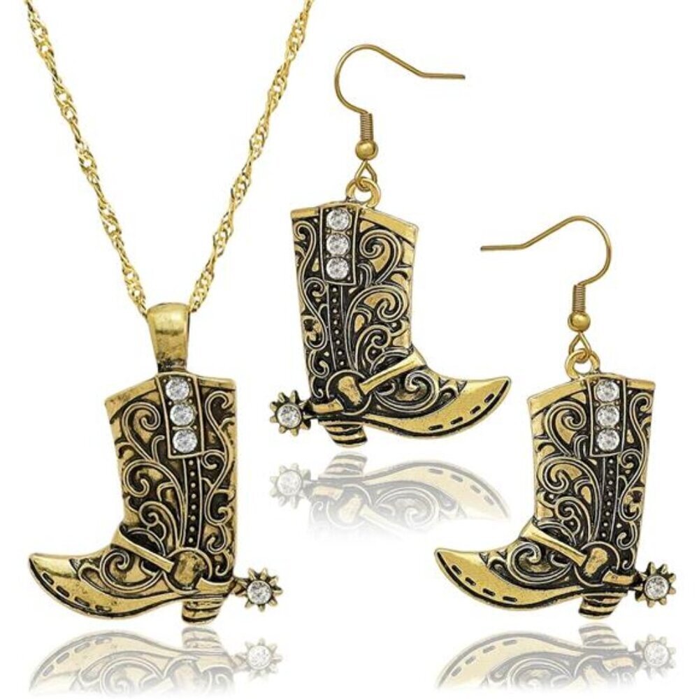 Gold-Tone Cowboy Boot Jewelry Set – Western Necklace and Earring Set